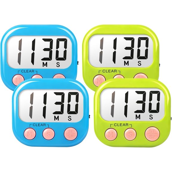 Cterwk 4 Pack Small Digital Kitchen Timer Minute Second Count Up Countdown Loud Alarm for Exercise Cook Baking, Blue+Green