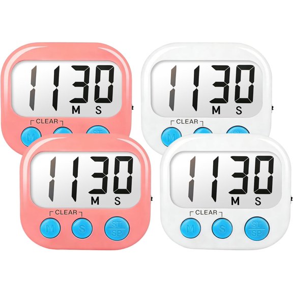 Cterwk 4 Pack Small Digital Kitchen Timer Minute Second Count Up Countdown Loud Alarm for Exercise Cook Baking, Pink+White