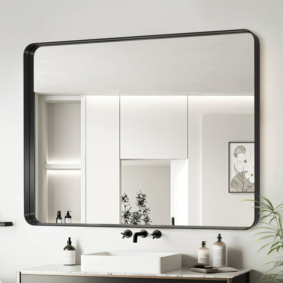 Cterwk 48x32 Inch Black Aluminium Frame Wall Mirror for Living Room, Bathroom