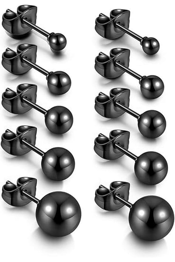 5 Pair 14K Plated Ball Stud Earrings Stainless Steel Earrings Set for Women, Men, 3-7MM, Black