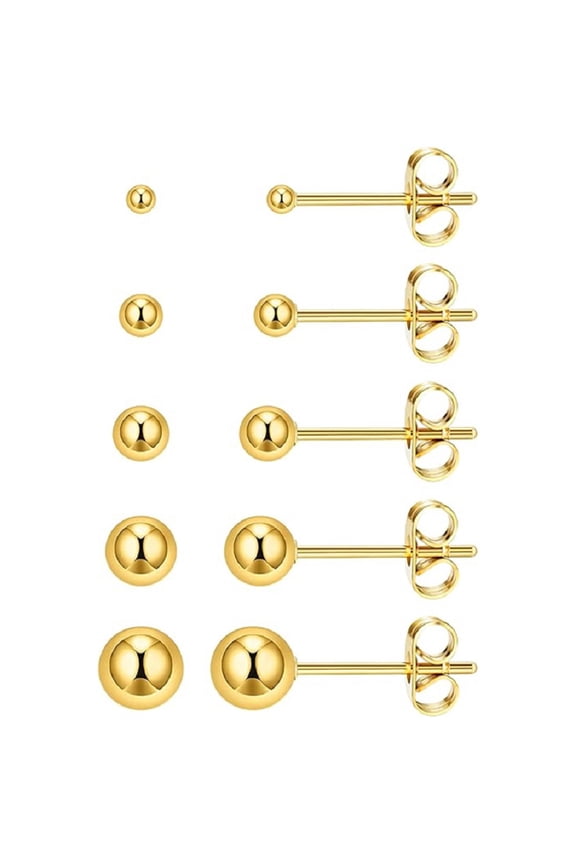 5 Pairs 14K Plated Stud Earrings 3-7mm Small Ball Stud Earrings for Women Men, Gold