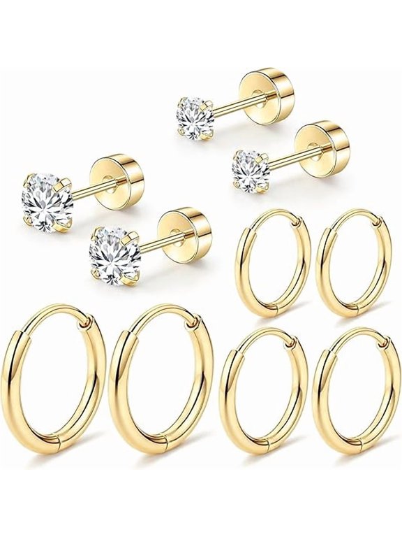 5 Pairs 316L Stainless Steel Hoop Earrings Cubic Zirconia Stud Earrings for Women Men