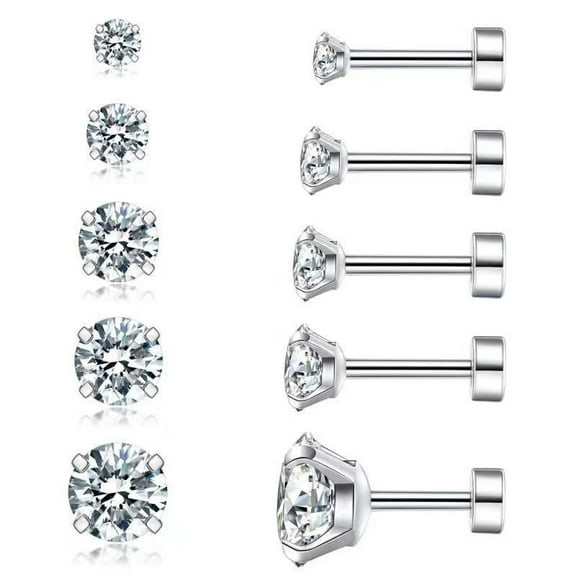 Cterwk 5 Pairs Earring Stud for Women Men 316L Stainless Steel Flat Back Stud Earrings Set, 3-8mm