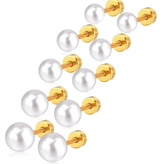 Cterwk 5 Pairs Flat Back Pearl Stud Earrings Set 4-8mm Pearl Earrings for Women, Gold