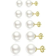CTERWK 5 Pairs Pearl Stud Earrings Set Tiny Small and Big Ball Pearl Earrings for Women, 5-10mm