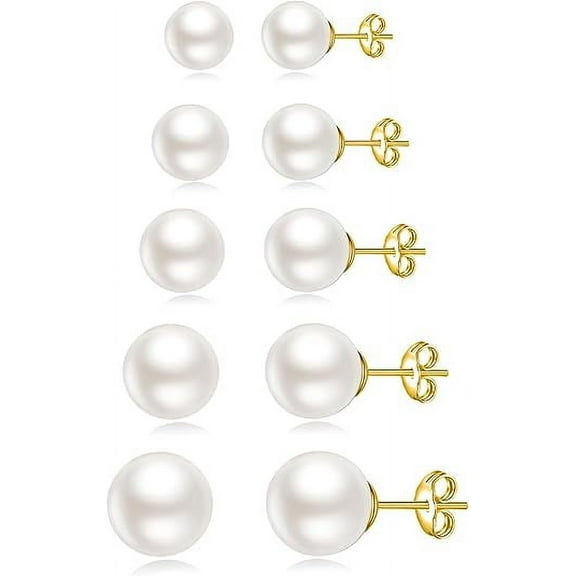 Cterwk 5 Pairs Pearl Stud Earrings Set Tiny Small and Big Ball Pearl Earrings for Women, 5-10mm