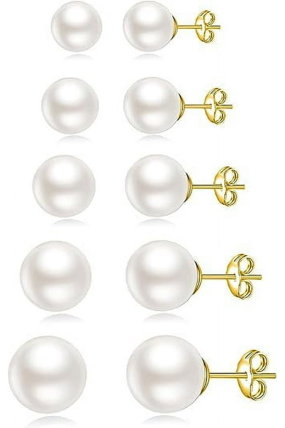 5 Pairs Pearl Stud Earrings Set Tiny Small and Big Ball Pearl Earrings for Women, 5-10mm