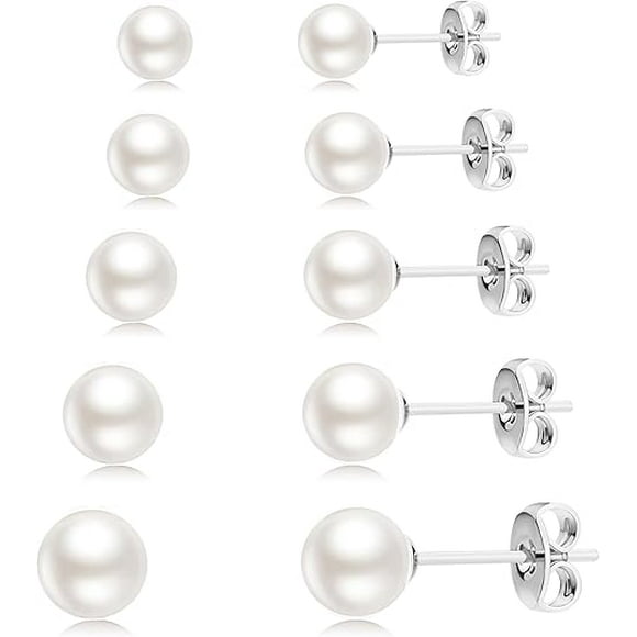 Cterwk 5 Pairs Pearl Stud Earrings Set Tiny Small and Big Ball Pearl Earrings for Women, 5-10mm