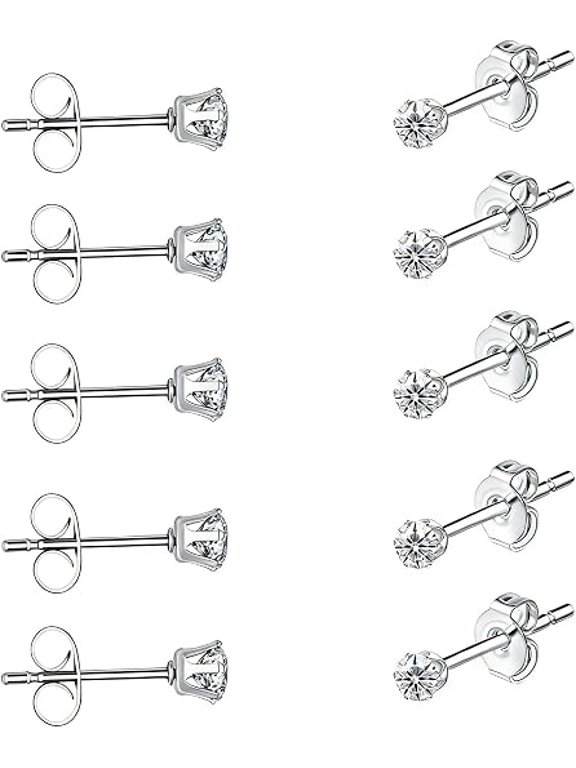 5 Pairs Stainless Steel Small Stud Earrings Set for Women Men Silver Plated Cubic Zirconia Studs Earrings
