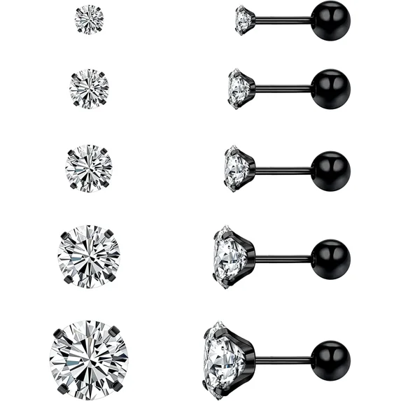 Cterwk 5 Pairs Stud Earrings for Women Men 2-6MM Round Cubic Zirconia Earring Studs Surgical Stud Earring Set, Black