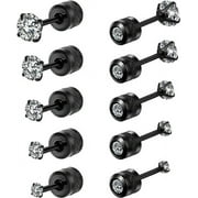 Cterwk 5 Pairs Titanium Screw Back Stud Earrings Set Round Cubic Zirconia Earrings for Women Men, Black