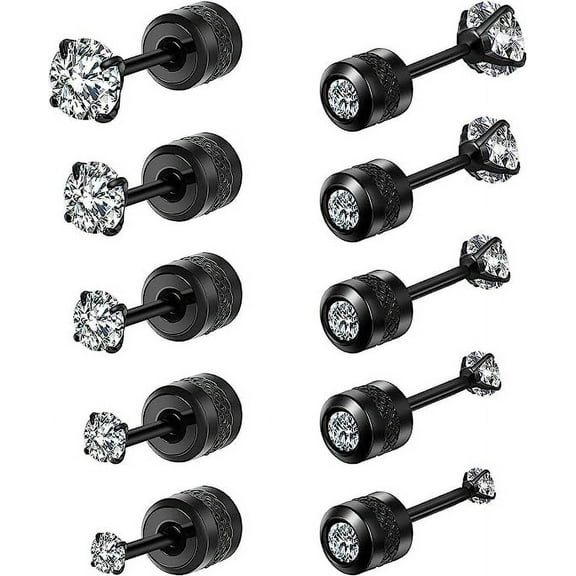 Cterwk 5 Pairs Titanium Screw Back Stud Earrings Set Round Cubic Zirconia Earrings for Women Men, Black