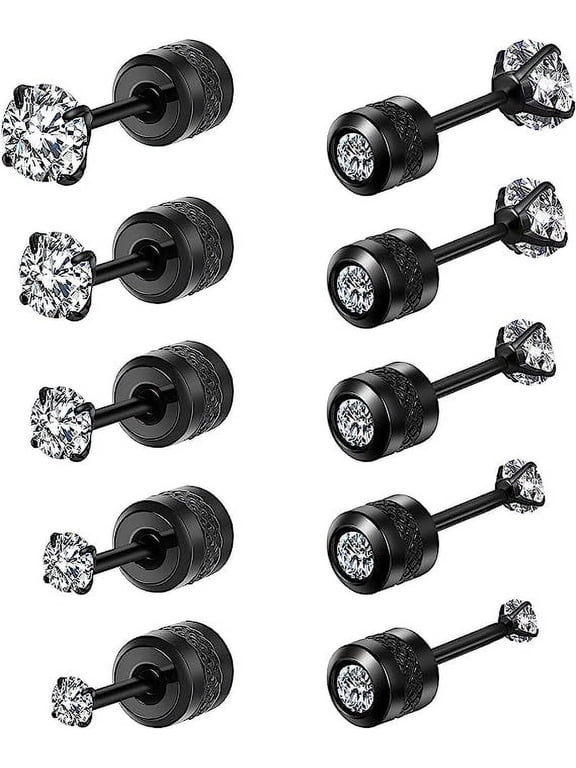 5 Pairs Titanium Screw Back Stud Earrings Set Round Cubic Zirconia Earrings for Women Men, Black