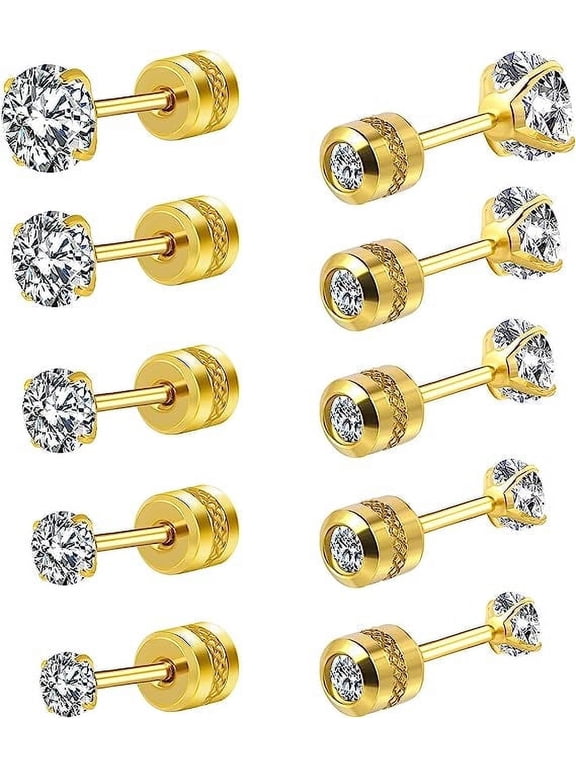5 Pairs Titanium Screw Back Stud Earrings Set Round Cubic Zirconia Earrings for Women Men, Gold