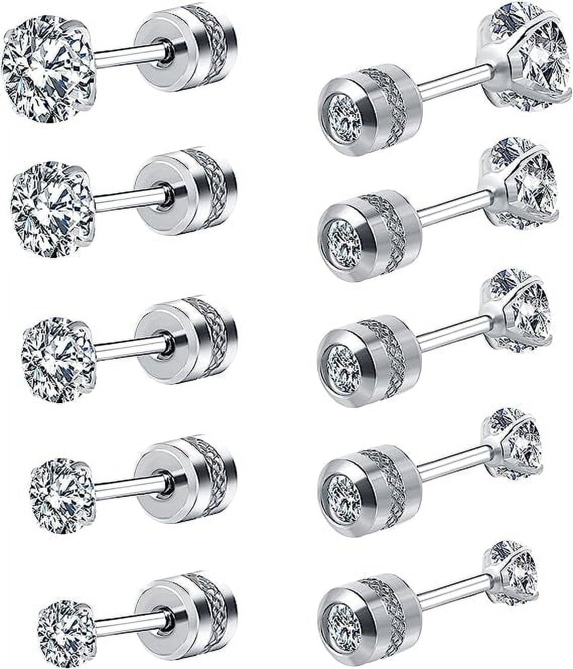 Cterwk 5 Pairs Titanium Screw Back Stud Earrings Set Round Cubic ...