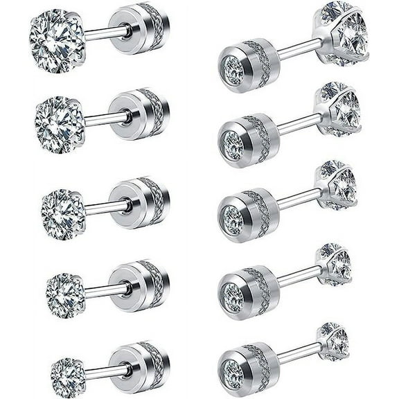 Cterwk 5 Pairs Titanium Screw Back Stud Earrings Set Round Cubic Zirconia Earrings for Women Men, Silver