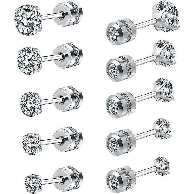 Cterwk 5 Pairs Titanium Screw Back Stud Earrings Set Round Cubic