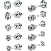 Cterwk 5 Pairs Titanium Screw Back Stud Earrings Set Round Cubic Zirconia Earrings for Women Men, Silver