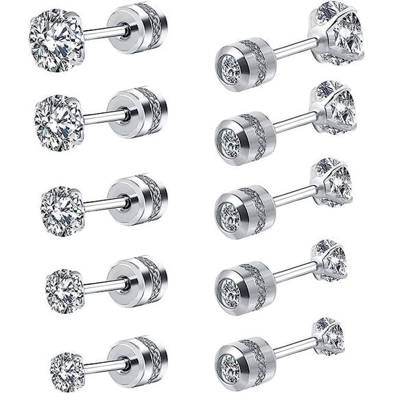 Cterwk 5 Pairs Titanium Screw Back Stud Earrings Set Round Cubic Zirconia Earrings for Women Men, Silver