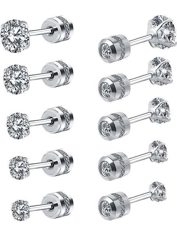 5 Pairs Titanium Screw Back Stud Earrings Set Round Cubic Zirconia Earrings for Women Men, Silver
