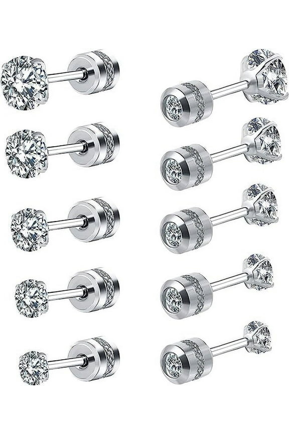 5 Pairs Titanium Screw Back Stud Earrings Set Round Cubic Zirconia Earrings for Women Men, Silver