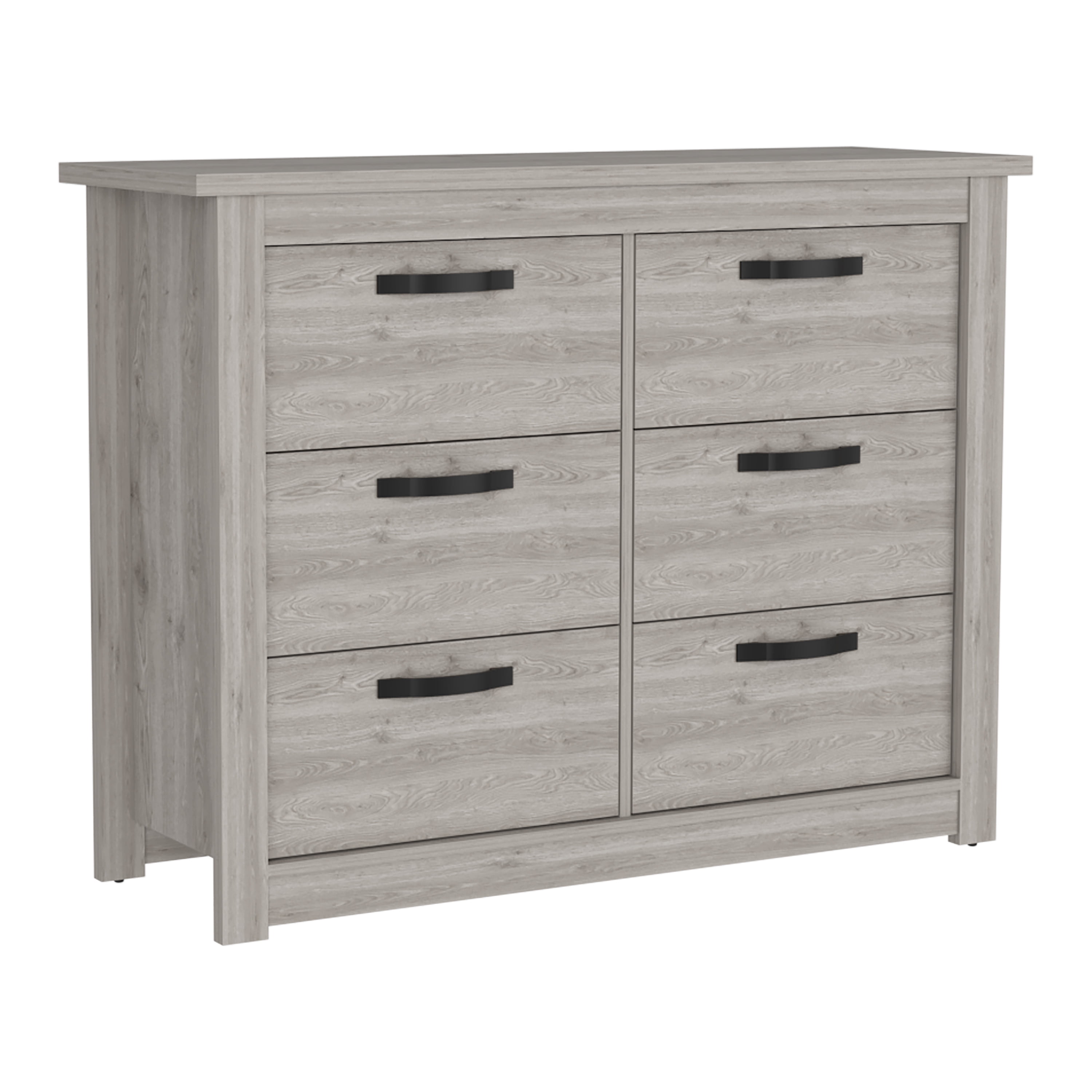 Light Gray Double Dresser with Six Drawers and Metal Hardware
