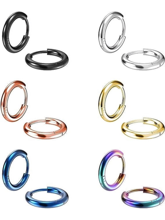 6 Pair 316L Stainless Steel Hoop Earrings Huggie Hoop Earrings Helix Lobes Hinged Sleeper Earrings for Men Women, 14mm, Mix Color
