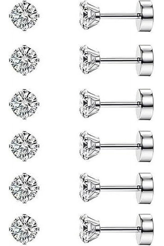 6 Pairs 14K Silver Plated Flat Back Earrings Stainless Steel Stud Earrings Set Cubic Zirconia Earring Piercing Jewelry for Women Men, Silver, 5MM