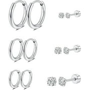 CTERWK 6 Pairs 14k Silver Plated Steel Hoop Earrings Flat Back Stud Earrings Cubic Zirconia Earrings Studs for Women, Silver