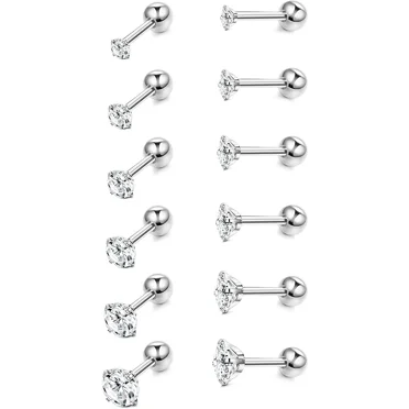 Cterwk 6 Pairs 18G 316L Stainless Earrings for Women Men Earrings Set Round Cubic Zirconia Earrings Screwback Flat Ball Back Stud Earring
