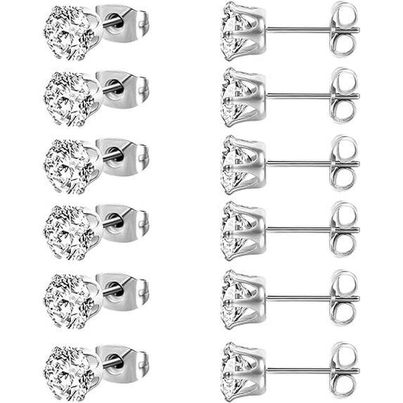 Cterwk 6 Pairs 316L Stainless Steel Earrings 8mm Cubic Zirconia Stud Earrings Set for Women Men, Silver