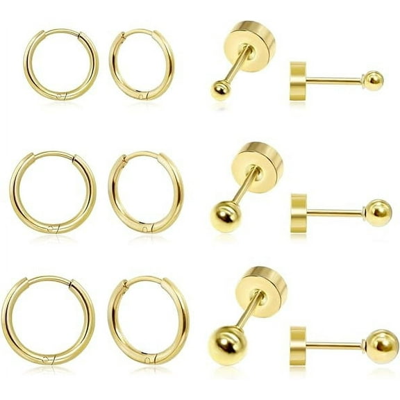Cterwk 6 Pairs 316L Steel Earrings Lightweight 14K Gold Plated Hoop Earrings Flat Back Ball Stud Earrings for Women