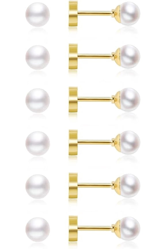 6 Pairs 5mm Pearl Stud Earrings 316L Stainless Steel Round Ball Beads Stud Earrings Set for Women