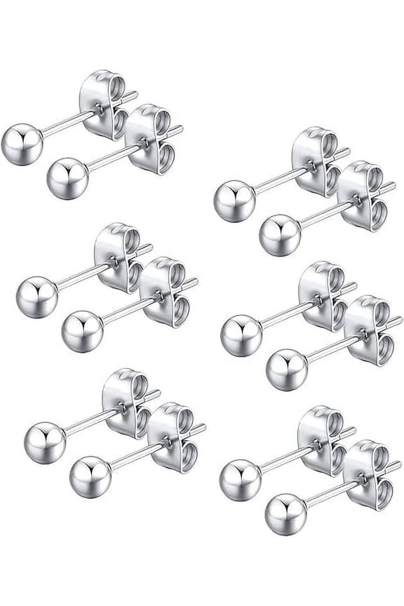 6 Pairs Ball Earrings Studs Set Stainless Steel Round Ball Studs Earrings for Women Men, Silver, 4mm