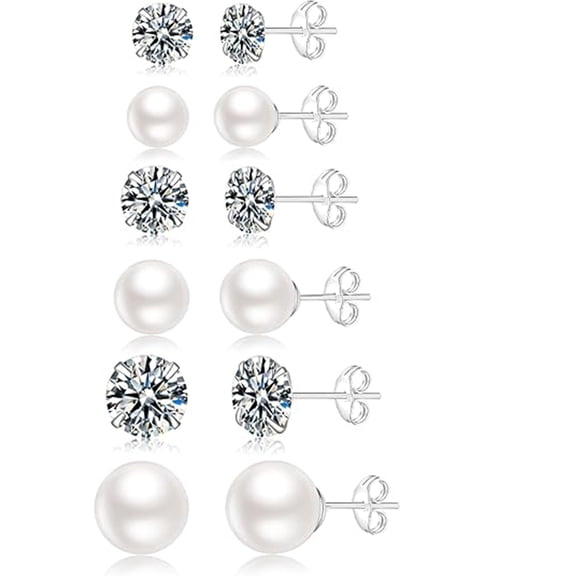 Cterwk 6 Pairs Pearl Earrings Studs Set 3-10mm Cubic Zirconia Stud Earrings Lightweight Stainless Steel Earrings Studs for Women
