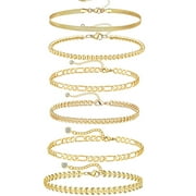 Cterwk 6 Pcs Gold Plated Ankle Bracelet for Women Waterproof Anklets Large Ankle Jewelry for Women