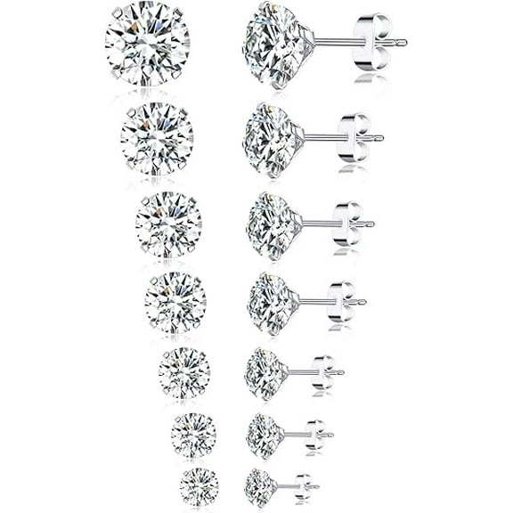 Cterwk 7 Pairs Cubic Zirconia Stud Earrings Flat Back Stud Earrings 316L Stainless Steel Earring Jewelry Gift for Women Men