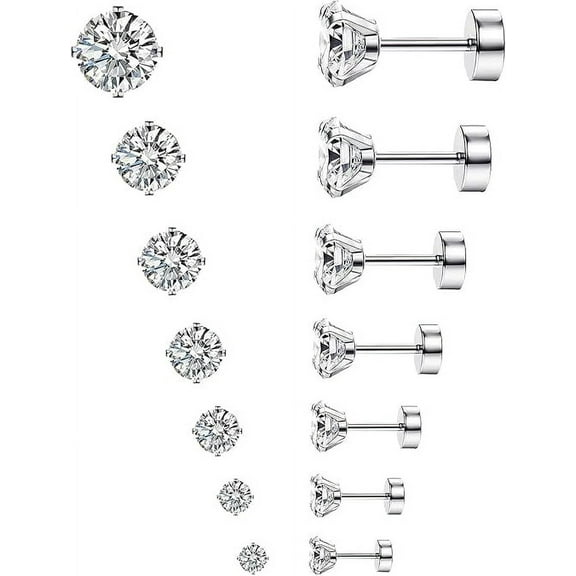 Cterwk 7 Pairs Stainless Steel Earrings Stud Cubic Zirconia Earring Set Flatback Stud Earrings for Women Men, Silver
