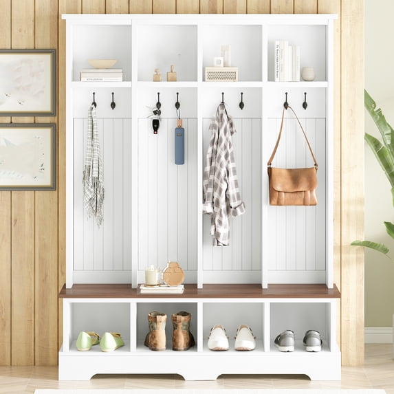 Cterwk 76.7"H Coat Rack with 8 Hooks, Entryway Bench with Open Shelf, 3-in-1 Hall Tree for Living Room, White