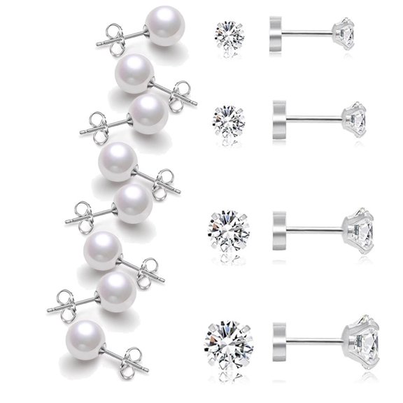 Cterwk 8 Pairs 12mm Round Ball Pearls Stud Earrings Flat Back Ball CZ Stud Earrings for Women Men