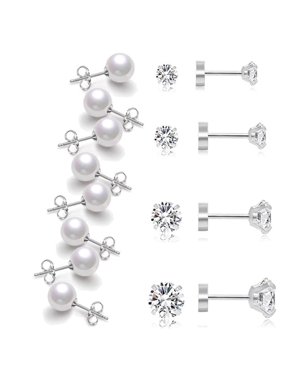 8 Pairs 12mm Round Ball Pearls Stud Earrings Flat Back Ball CZ Stud Earrings for Women Men