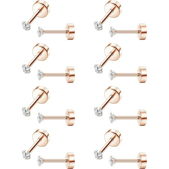 Cterwk 8 Pairs Stud Earrings Stainless Steel Cubic Zirconia Earrings Screw Flat Back Earrings Set for Women Men