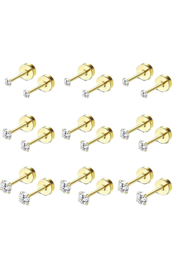 9 Pairs 316L Stainless Steel Stud Earrings 3-5mm Cubic Zirconia Ear Studs for Women, Gold