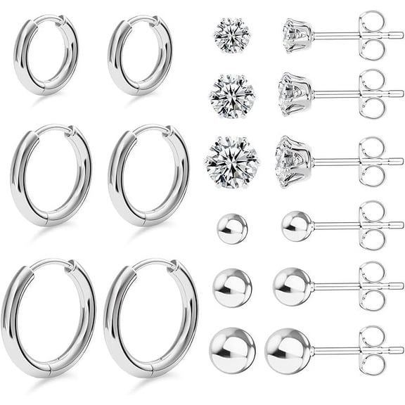 Cterwk 9 Pairs Studs Earrings 316L Surgical Stainless Steel Hoop Earrings Round Ball Earring for Women Men, Silver