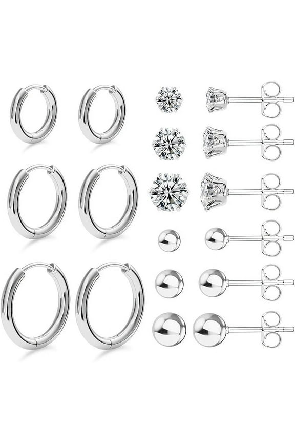 9 Pairs Studs Earrings 316L Surgical Stainless Steel Hoop Earrings Round Ball Earring for Women Men, Silver