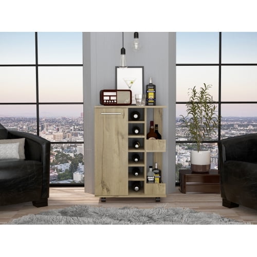Light Oak Bar Cart with Wine Rack and Storage