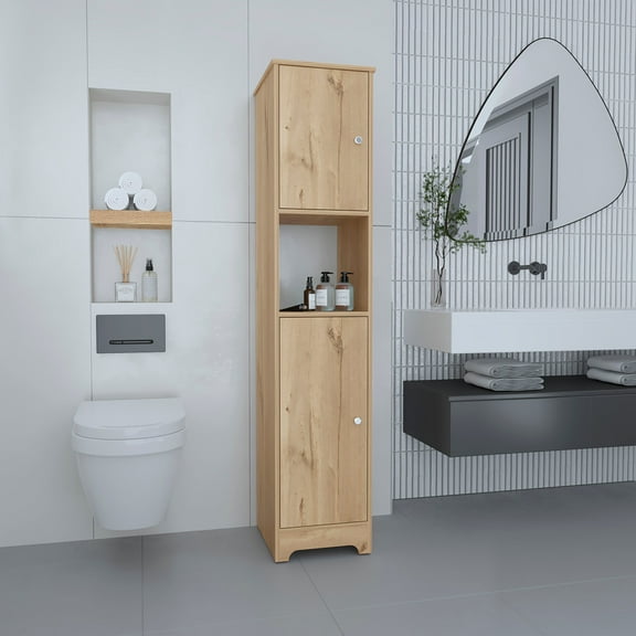 Cterwk Bathroom Cabinet with 1 Open Shelf and 4 Inner Shelves, Light Brown