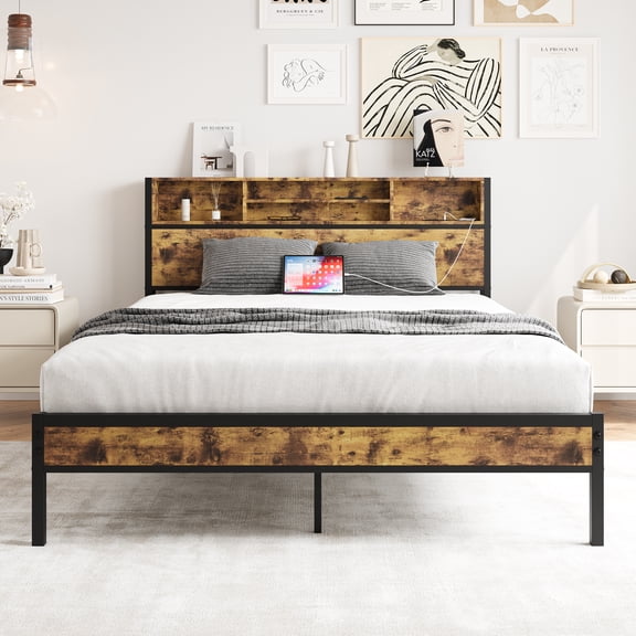 Cterwk Bed Frame with Storage Headboard, Metal Platform Bed with Charging Station, Bookcase Storage, No Box Spring Needed, Noise-Free, Black