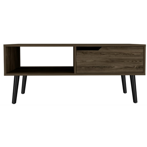 Cterwk Coffee Table, 1 Drawer, 1 Open Shelf, 4 Legs, Dark Brown