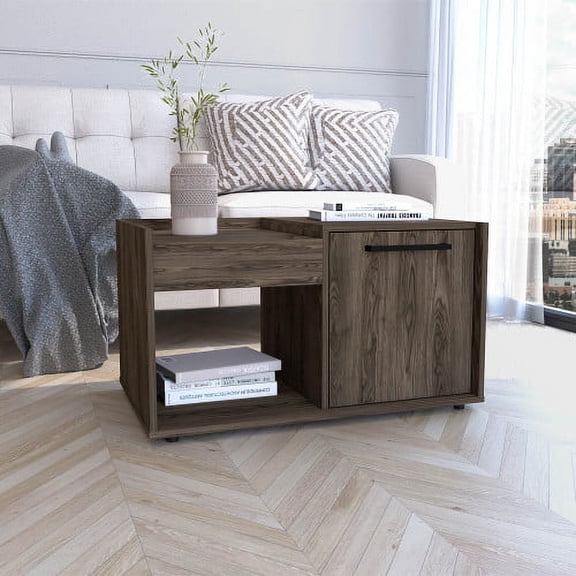 Cterwk Coffee Table with Single Door Cabinet and 1 Open Shelf, Dark Brown
